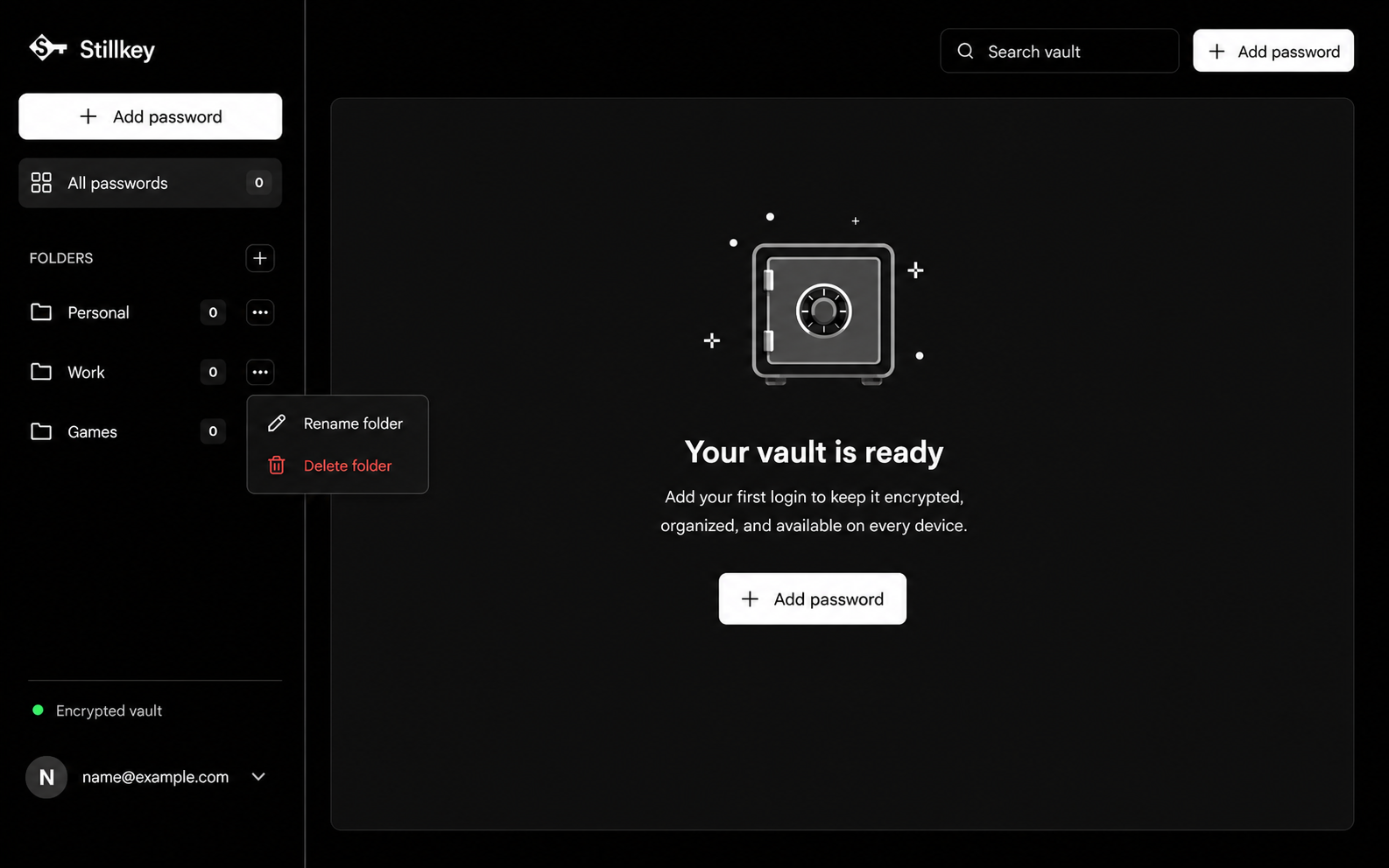 Stillkey encrypted password vault with folders, search, and add-password controls